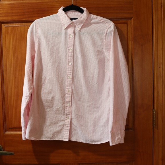Lands' End Light Pink Striped Cotton Button-Down Shirt Long Sleeve 8 - Picture 3 of 11